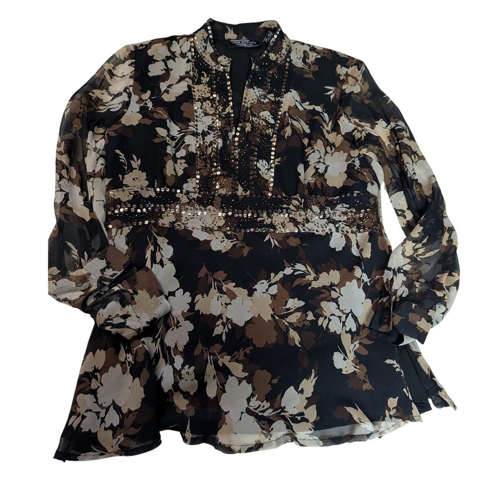 New York City Design Co. Silk Floral Embellished Tunic Top Blouse Women's Size L